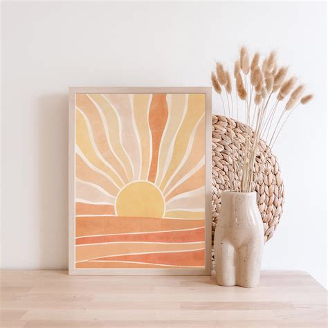 Boho Sunrise Art Print Sun Wall Art Sun Rays Poster Neutral Etsy