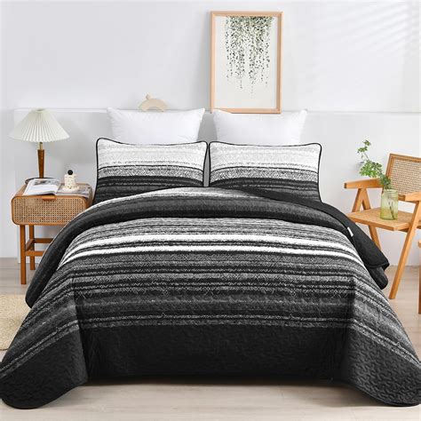 DJY Black Striped Quilt Set King Size Boho Stripe Patchwork Bedspread