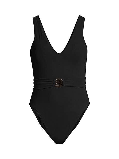 Tory Burch Women S Miller Plunge Belted One Piece Swimsuit Black