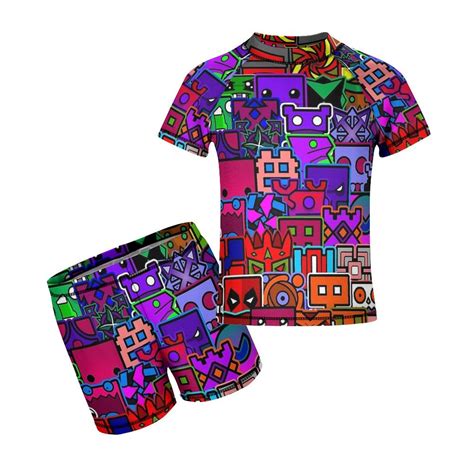 Geometry Dash Boys Two Piece Rash Guard Swimsuits Kids Short Sleeve