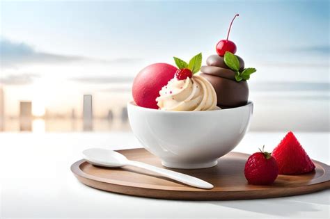 Premium Ai Image A Bowl Of Chocolate Ice Cream With A Red Cherry On Top