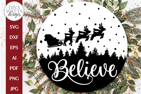 Believe SVG Santa In Sleigh With Tree Silhouette Design