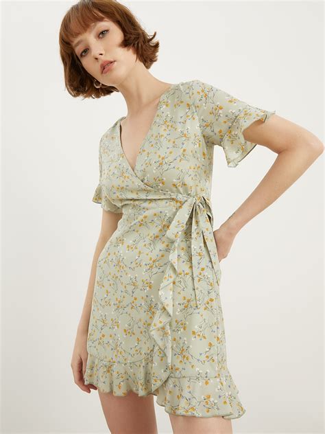 Flower Print Wrap Mini Dress Green Pomelo Fashion