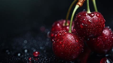 Premium Photo Water Drops On Red Cherries On A Black Background