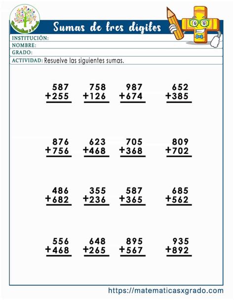 Ejercicios De Sumas De Tres Cifras Llevando Y Sin Llevar