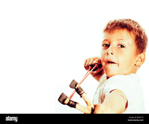 Little Cute Angry Real Boy With Slingshot Isolated Stock Photo Alamy