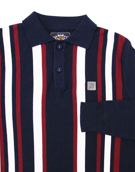 TROJAN RECORDS Mod Trojan Stripe Long Sleeve Knit Polo In Navy