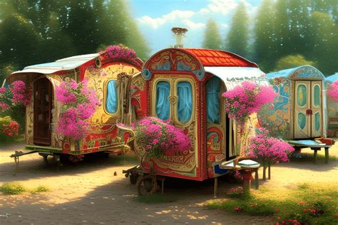 Romany Gipsy Caravans Floral Landscapes Realistic Painting · Creative