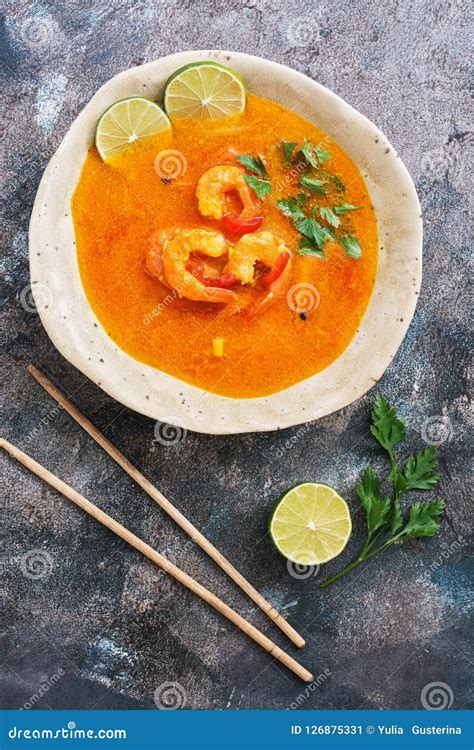 Traditional Thai Cuisine Tom Yum Goong Spicy Shrimp Soup On Rustic