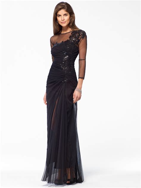 Black Illusion Sleeve Gown W8020T00814810 By Cache Evening Gowns