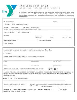 Fillable Online Hamilton Area YMCA Summer Camp Employment Application