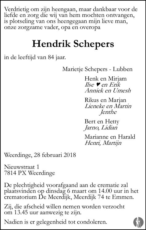 Hendrik Schepers 28 02 2018 Overlijdensbericht En Condoleances