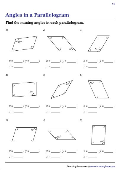 Finding Angles Of A Parallelogram Worksheet