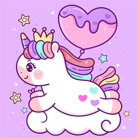 Lindo Pony De Dibujos Animados De Unicornio Con Globo De Pastel De