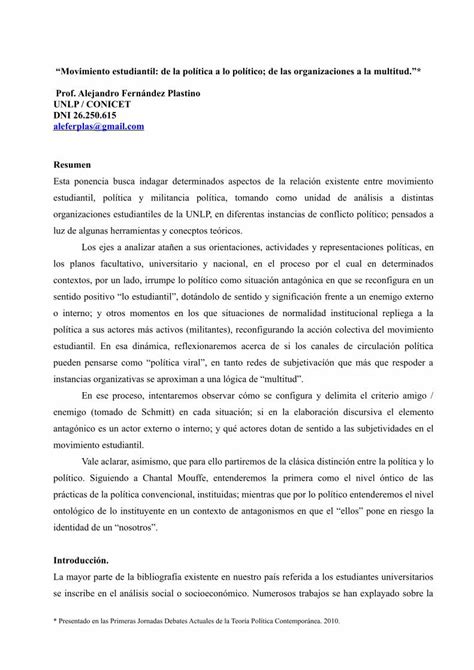 Pdf Movimiento Estudiantil De La Pol Tica A Lo Pol Tico De Las