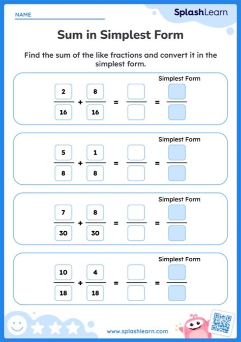 Sum Of Like Fractions In Simplest Form Printable Math Worksheet