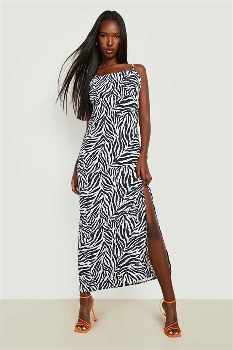 Zebra Printed Satin Slip Dress Boohoo