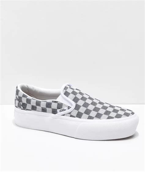 Vans Slip On Checkerboard Denim Platform Skate Shoes