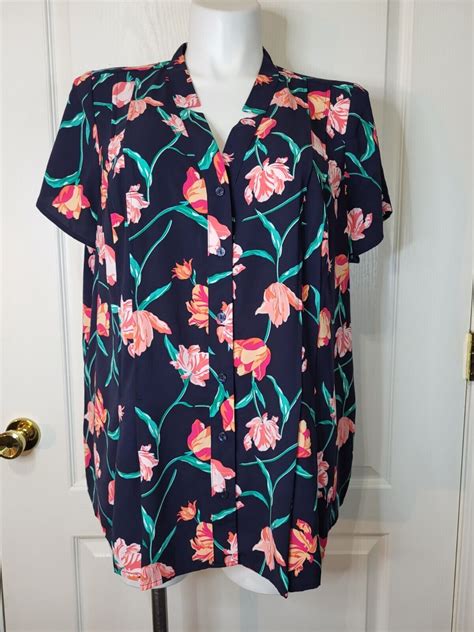 Croftandbarrow Blue Floral Buttons Up Blouse Plus Size 2xl Ebay