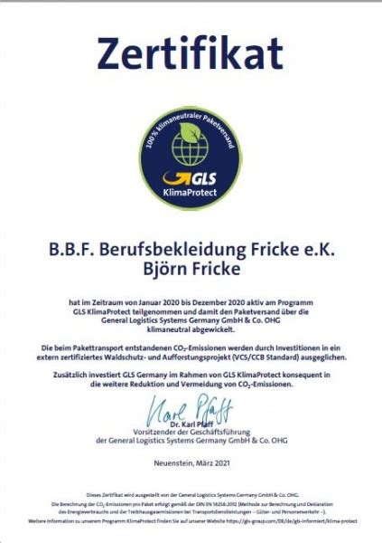 Zertifikat für klimaneutralen Versand für bbf24 de Soziales