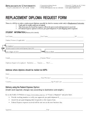 Fillable Online Www2 Binghamton 12 1027 Replacement Diploma Request