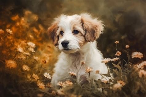 Premium Photo | Portrait of a cute puppy sitting in flowers imitation oil painting