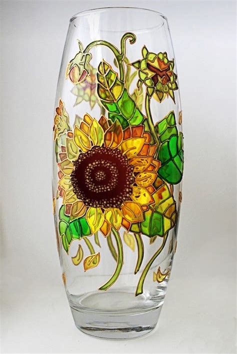 Vase With Sunflower Stained Glass Hand Painted Personalized Vase Custom Glassware Round