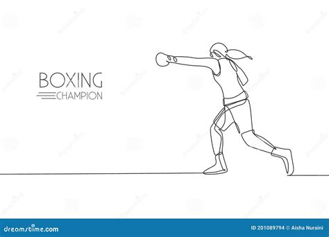 Single Continuous Line Drawing Young Agile Woman Boxer Attack With