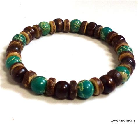 Bracelet Homme Pierres Jaspe Verte Perle Coco Marron Ninanina