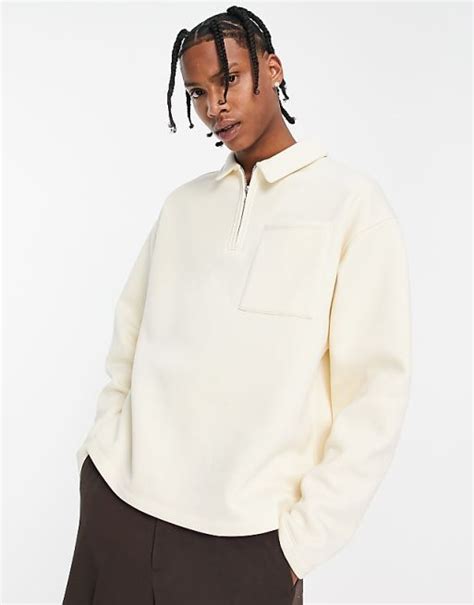 Asos Design Oversized Half Zip Harrington Sweatshirt In Off White Asos