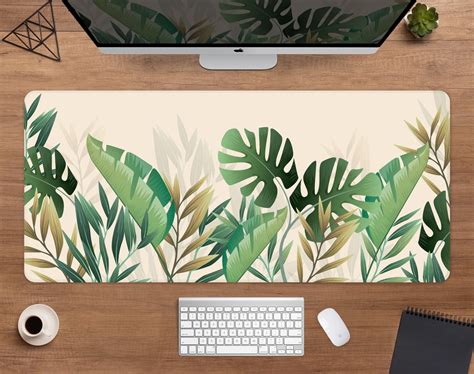 Green Desk Mat Monstera Mousepad Nature Tropical Leaves Neutral Boho