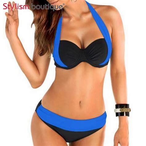 2017 New Sexy Bikinis Contrast Color Patchwork Women Swimsuit Ruched