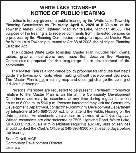 2024 Master Plan Public Hearing Notice White Lake Township Mi