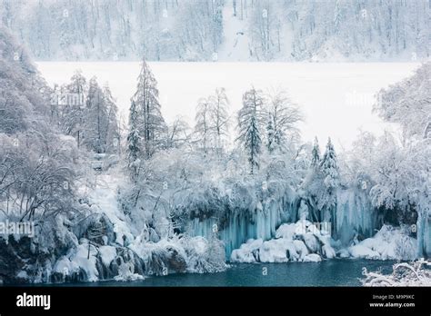 Iced landscape, Frozen waterfall and frozen lake, Plitvice Lakes National Park, Plitvice ...