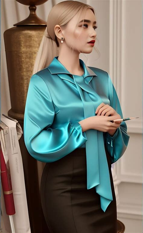 Ai Women On Tumblr Bow Blouse Blouse And Skirt Green Satin Blue