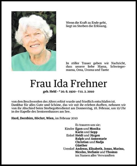 Todesanzeigen Von Ida Frehner Todesanzeigen Vorarlberger Nachrichten