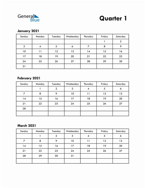 Q1 Quarterly Calendar 2021 In Pdf Word Excel