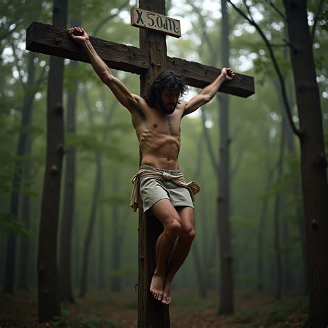 Man Crucified On Wooden Cross In Forest Stable Diffusion Online