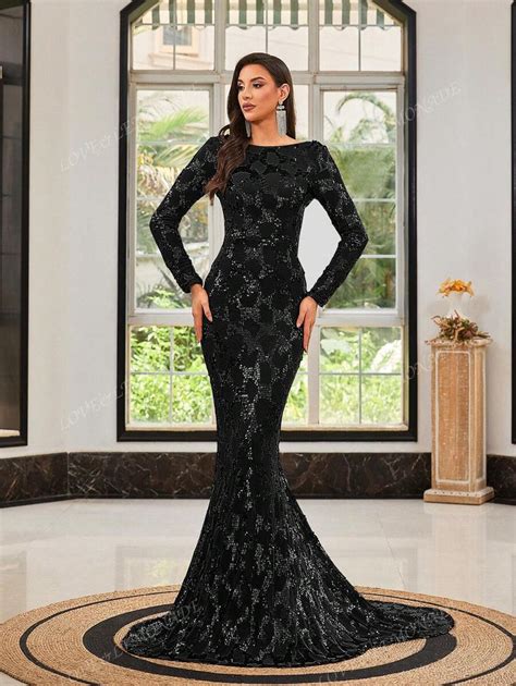 LOVE LEMONADE Black Long Sleeve Sequin Floor Length Evening Gown