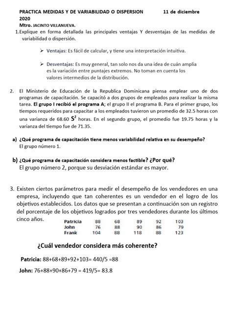 Practica Medidas De Variabilidad O Dispersion Diciembre 20 Pdf