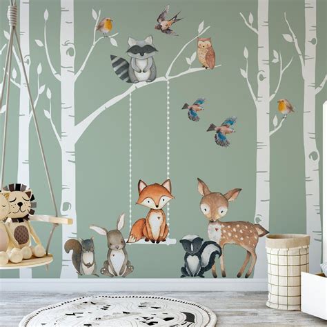 Woodland Nursery Wall Decor 6 Birch TREES Fox Friends Wall Decal