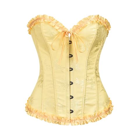 Yellow Jacquard Ruffled Trim Boned Sexy Overbust Push Up Bustier Top