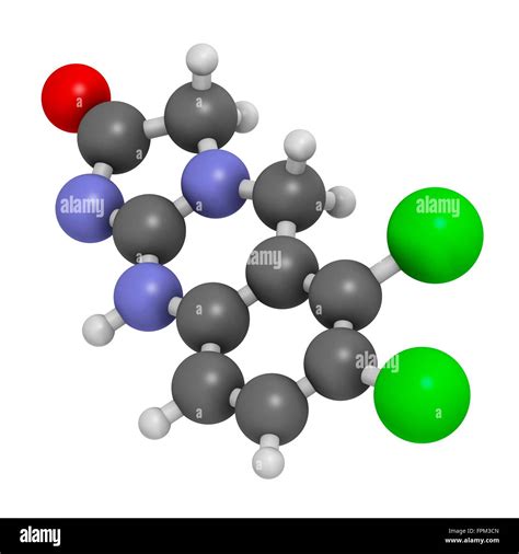 Anagrelide essential thrombocytosis drug molecule. Atoms are ...