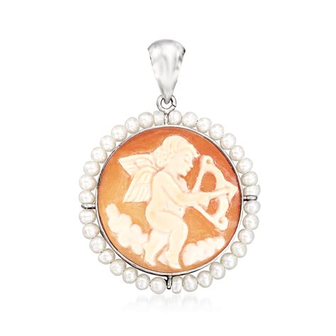 Italian Orange Shell Cupid Cameo Pendant With 2 3mm Cultured Pearls In