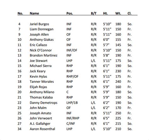 Sample Baseball Roster Template - 9+ Free Documents in PDF , Word , Excel