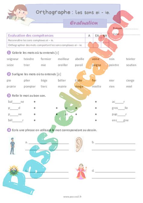 Les Sons Ei Ie Valuation Dorthographe Pour Le Ce Pdf Imprimer