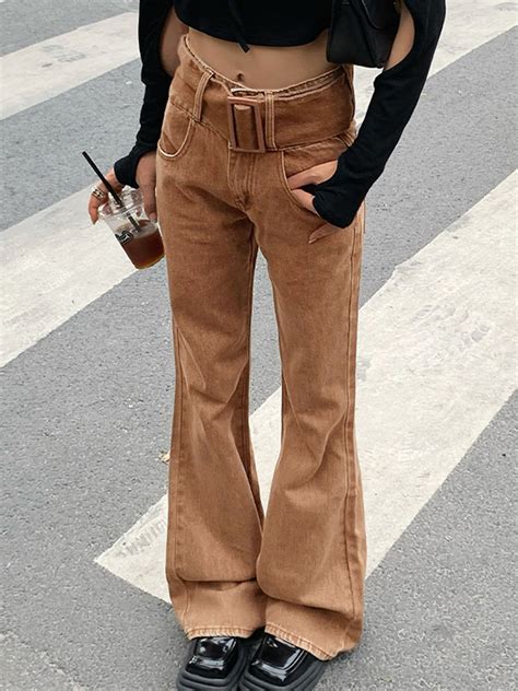 Emmiol Free Shipping 2023 Vintage Brown Belted High Waist Flare Jeans