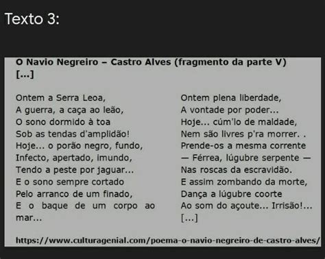 3 Base No Texto 3 Responda Sobre O Poema O Navio Negreiro Parte