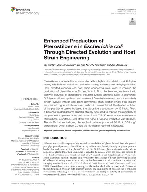 Pdf Enhanced Production Of Pterostilbene In Escherichia Coli Through