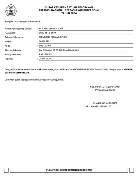 Surat Kesiapan Sdn Sukamukti 03 Asesmen Nasional Tahun 2024 Pdf
